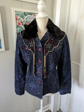Vintage Jacket with Faux fur collar And Beaded Mesh Layover Blue And Black ***